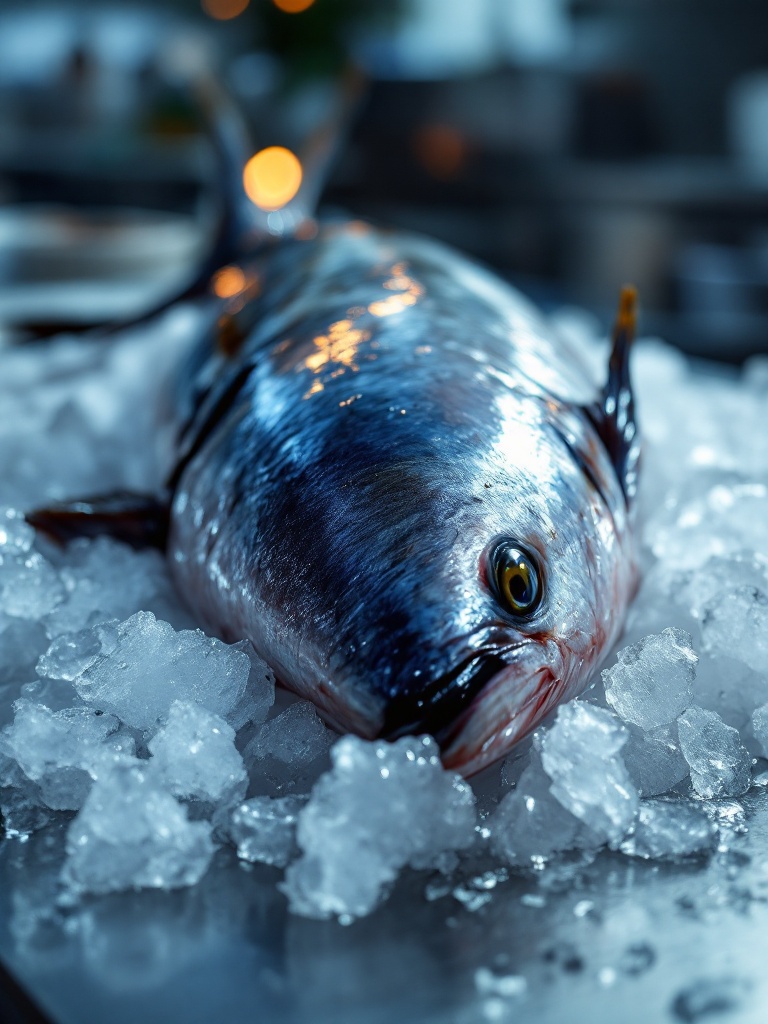 A whole fresh tuna on flaked ice, just delivered to the kitchen.